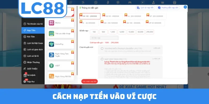 Cách nạp tiền vào ví cược